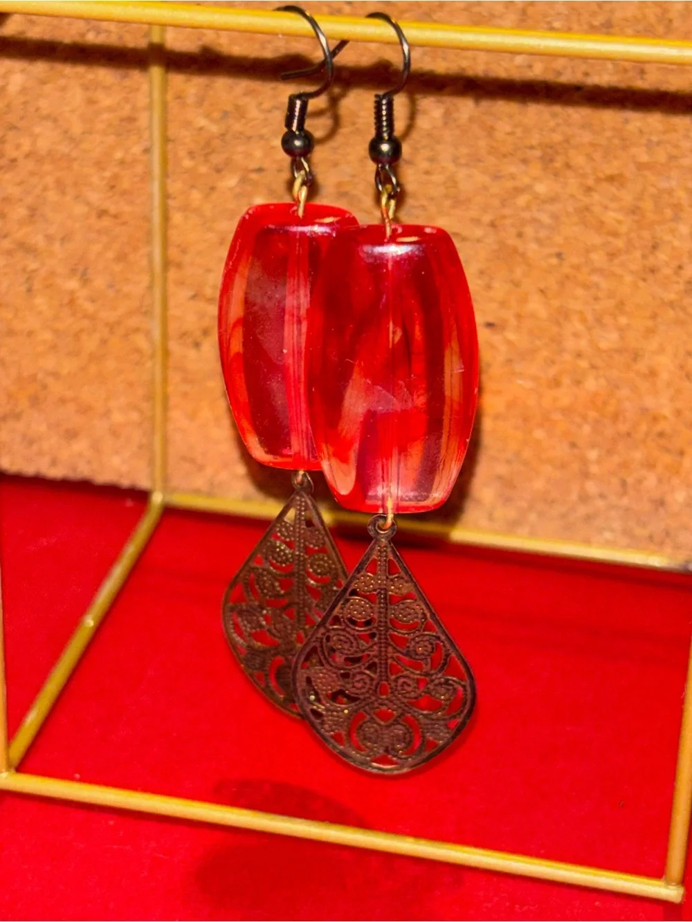 Red Glass Drop Earrings with Filigree Teardrop Accent